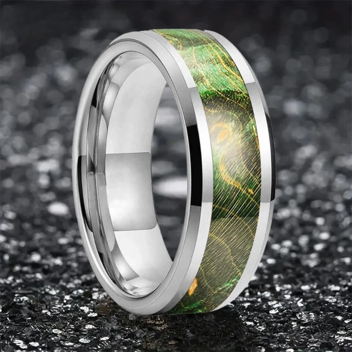 Anillo de tungsteno de 8 mm para hombre mujer con incrustaciones de madera verde anillo de alianza de boda Foto 4 de 4