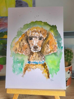 Standard Pudel Stift und Aquarell Portrait. A4 Größe Original. Ungerahmt. 