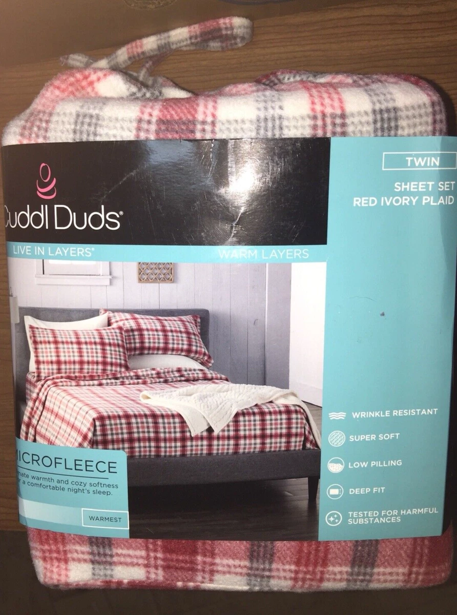 Cuddl Duds Micro Fleece Twin Sheet Set Red Ivory Plaid Gray Cozy Soft  Heavyweigh