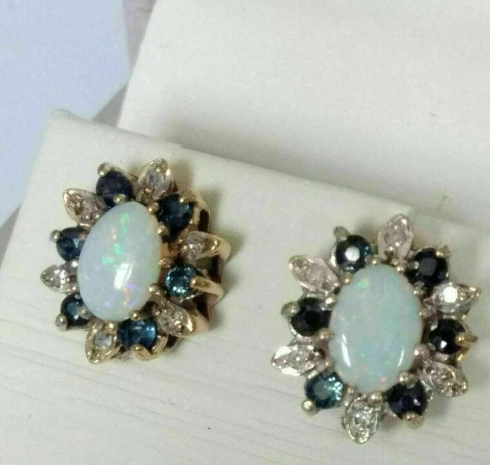 Oval Cut Simulated Fire Opal Women's Gorgeous Halo Stud 14K Yellow Gold Plated - Image 3 of 4