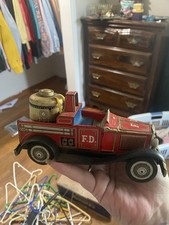 Vintage Bandai Tin Litho Fire Truck Friction Toy, Made in Japan