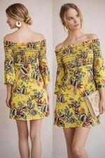 Farm Rio Bria Smocked Mini Dress Yellow Floral Off-The-Shoulder XS Anthropologie