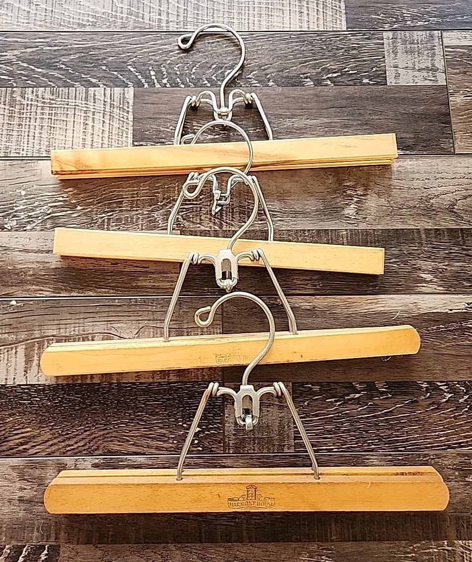 Vintage Lot of 4 Wooden Pants Hangers with Metal Wood Clamps 12 Inch