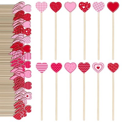 120 Pcs Valentine's Day Heart Wooden Stirrers Cocktail Stir Sticks Pink Red Patt
