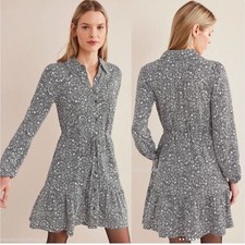 Boden Black White Floral Medallion Button Front Tiered Shirt Dress US 14R