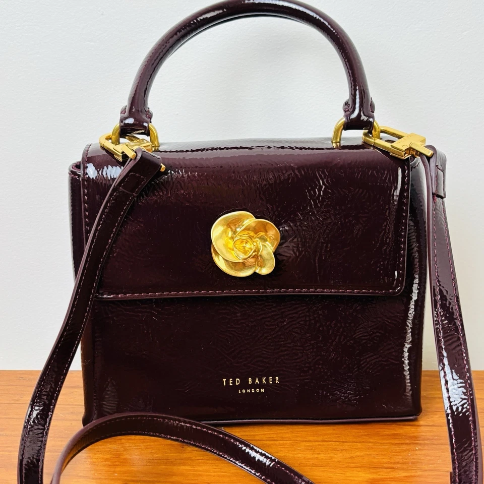 Ted Baker Crossbody Handbag Hip Bag Burgunty Faux Patent Leather - Image 2 of 4