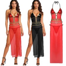 Womens Outfit Stage Set Costume Dress Clubwear Alluring Shiny Belly Dance Mesh