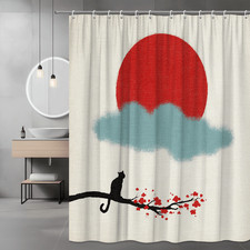 Japanese Cat Shower Curtain Red Sun Cloud Branch Print