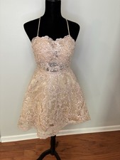 HEBEOS Beige Lace Fit Flare Short Dress Sweetheart Neckline Embroidered Sequin