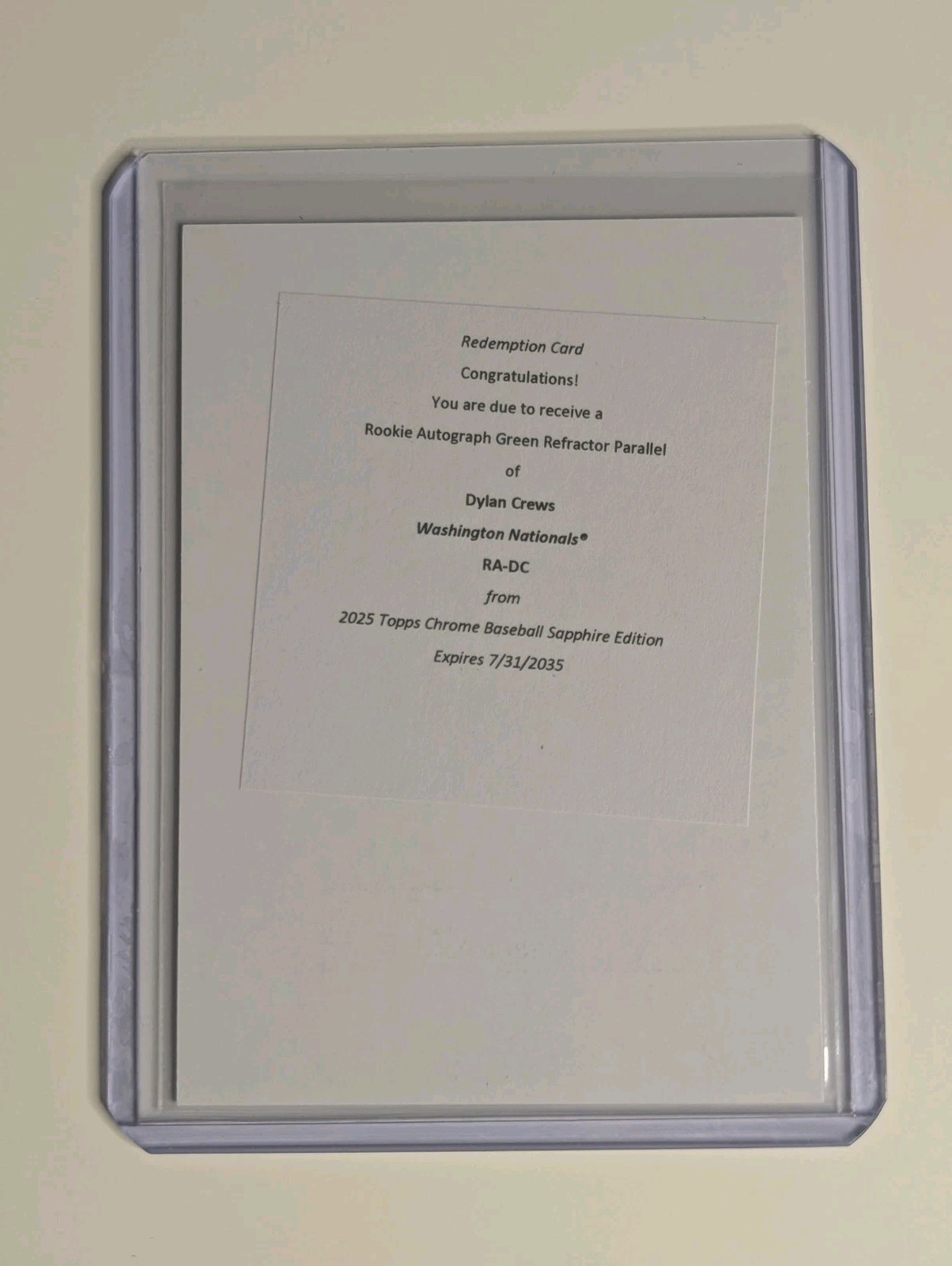 Dylan Crews 2025 Topps Chrome Sapphire Green Rookie Auto Redemption /99 RC