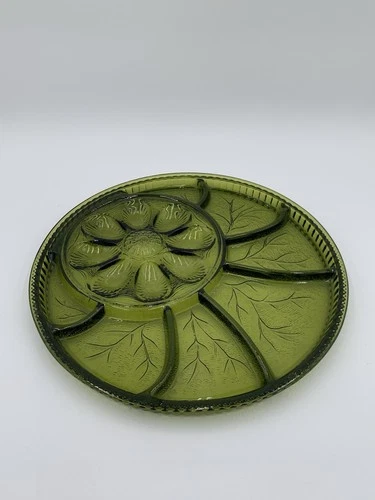 Vintage Indiana Green Glass Deviled Egg Relish Serving Plate Platter 12.75”