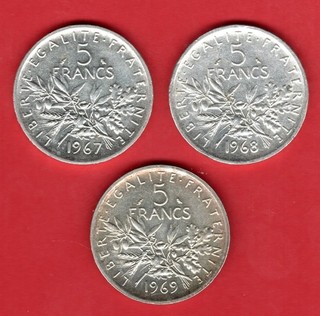 RARE LOT 5 FRANCS SEMEUSE ARGENT 1967 1968 1969 !