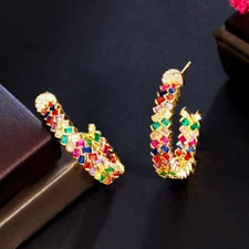 Cute Lovely Rainbow Baguette Half Circle Hoop Earring Yellow Gold Plated CZ Gift