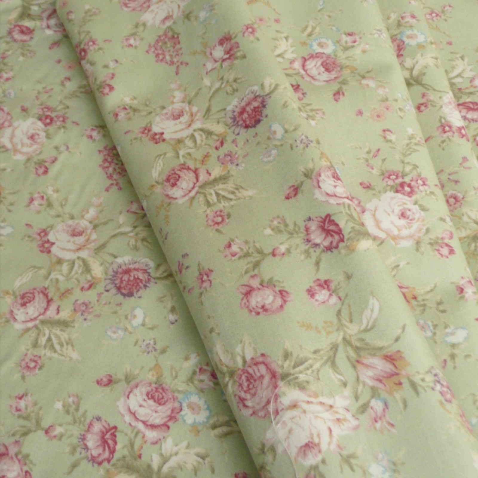 Sage Green Floral Cotton Poplin Printed Fabric Vintage Style Pink