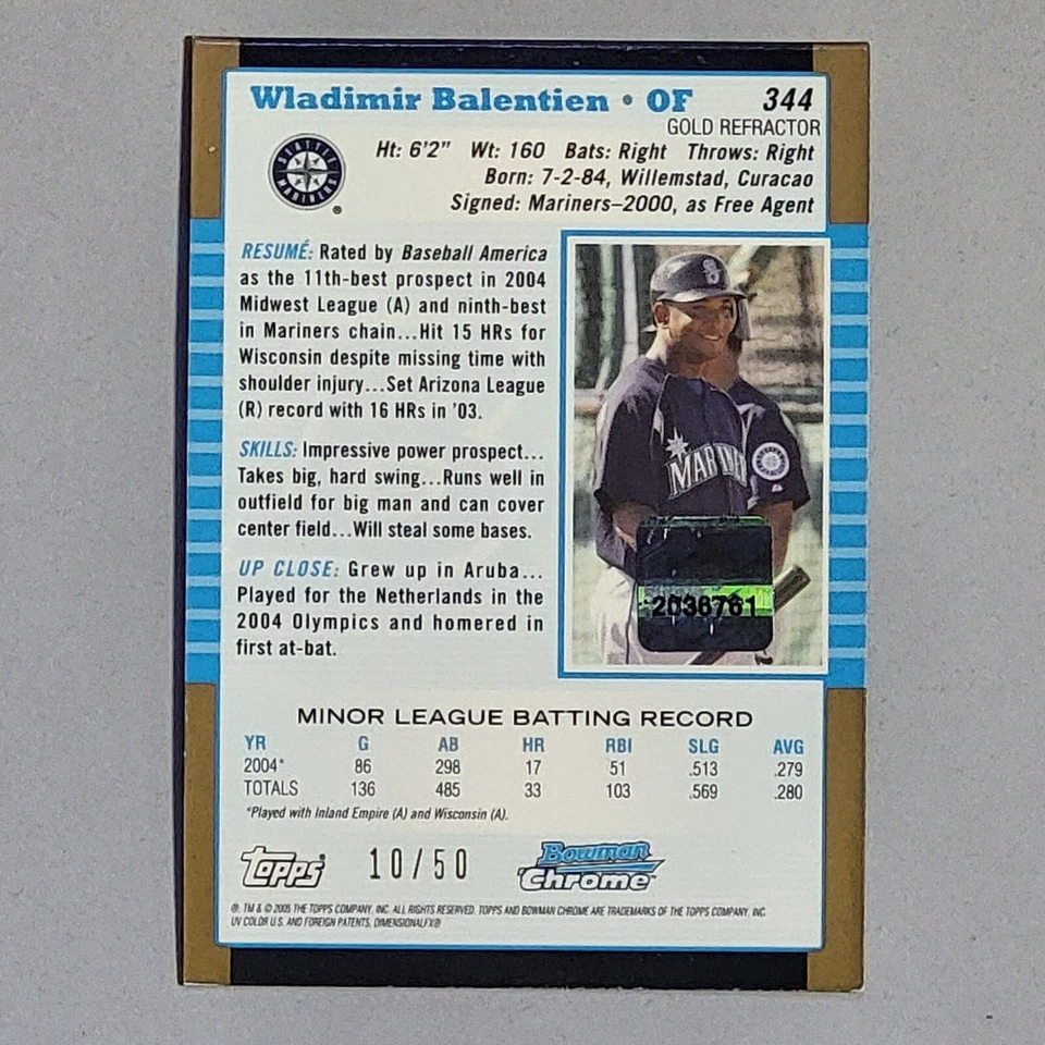 2005 Bowman Chrome - Wladimir Balentien - Gold Refractor Auto #d/50 1st RC Rare! - Image 2 of 2