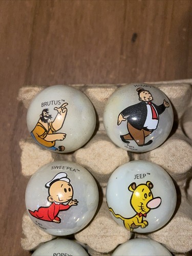 RARE Set of 6 Hearst KFS Popeye Characters Iridescent 7/8" Glass Marbles Brutus - Picture 2 of 6