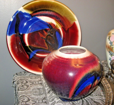 2 Pcs.  Large Dish and round Vase, Signed ''Jiao'' Chinese Ox Blood Glaze