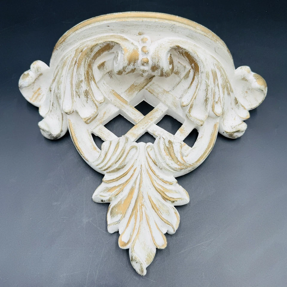 Ornate French Country Wall Shelf White & Gold Trellis 3D 12.5x5” Vintage - Image 3 of 4