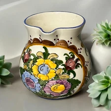 Ceramic Hand Made Floral Pitcher Vase Jug Skyros Greece Signed BA