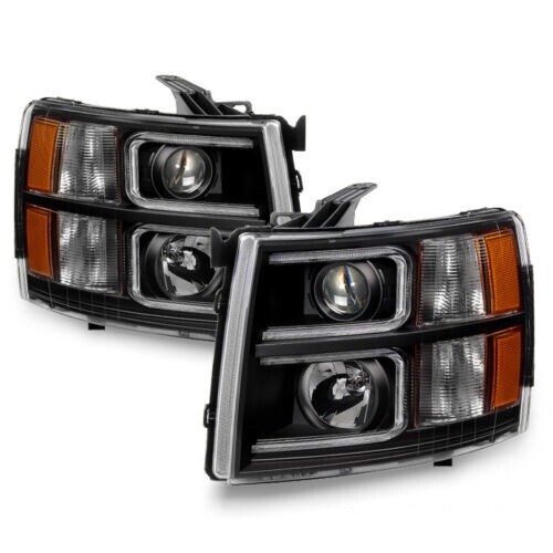 Chevy 07-13 Silverado Black LED Light Tube Style Projector Headlights Set - Picture 1 of 4