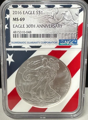 2016 $1 AMERICAN SILVER EAGLE NGC MS69 USA FLAG CORE HOLDER