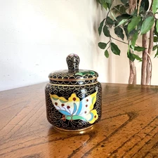 Vintage Enamel Cloisonne Small Trinket Box Ginger Jar Lid Butterfly Flowers 3"
