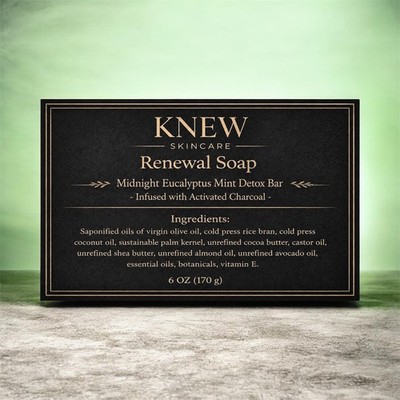 KNEW Skincare Moisturizing Eucalyptus Mint Detox Charcoal Body Bar Soap 