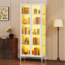 3-Sided Glass Door Display Cabinet RGB Light Metal Curio Organizer Adjust Shelf
