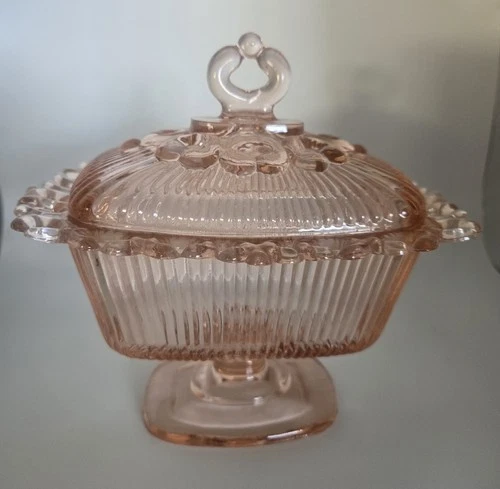 Vintage Depression Glass Pink Laced Edge Pedestal Candy Box Dish With Dome Lid