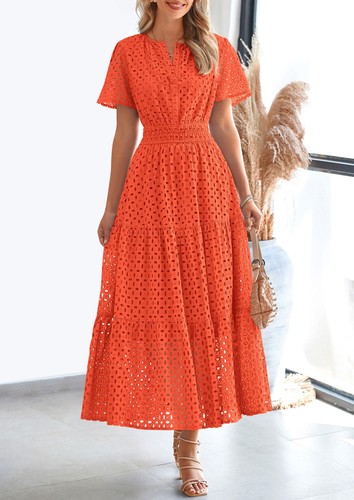 Womens 2025 Summer Maxi Dress Short Sleeve V Neck Hollow Out Eyelet A Line Lo... - Picture 2 of 6