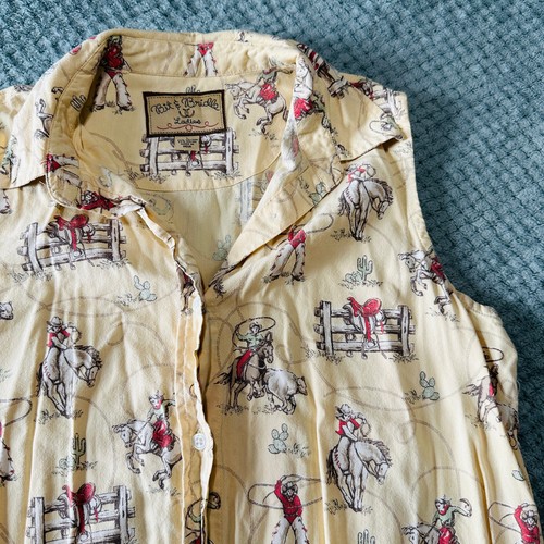 Bit & Bridle Butter Yellow Button Down Cowboy Rodeo Print Tank Top L Colorful - Picture 3 of 5