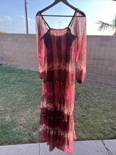 Victor Costa Vintage 70s Boho Maxi Dress Flowing Sheer Overlay 12 Free Shipping
