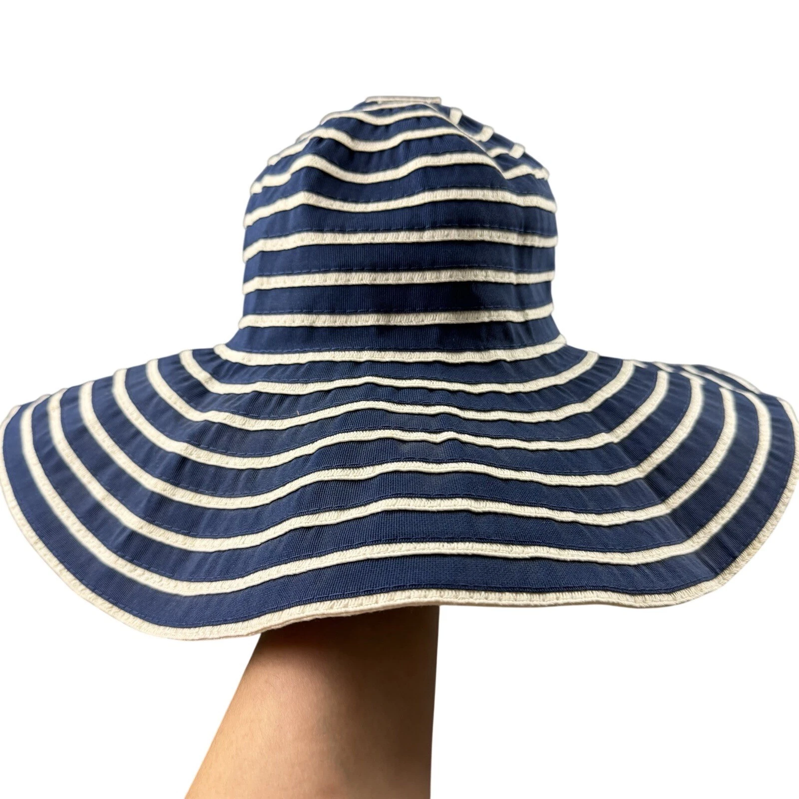 David & Young Boho Wide Brim Sun Hat Navy White Striped Beach