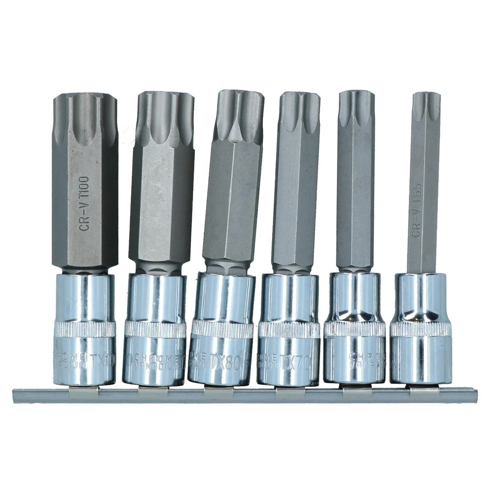 6pc 1/2" Drive T55-T100 Star Torx Socket Bit Set Ratchet Torque 100mm Long TE283 - Image 2 of 4