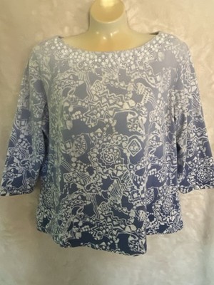 Ruby Rd. Blue White Floral Knit Beaded Scoop Neck 3/4 Sleeve Blouse PL