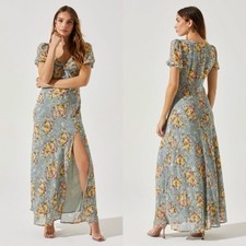 ASTR the Label Floral Twist Front Maxi Dress Blue Yellow Puff Sleeve Slit Sz S