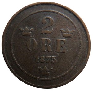 1875 Sweden 2 Ore Coin
