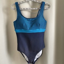 Lands End Womens Sz 10 Navy Aqua Blue One Piece Swim Suit Modest Built in Bra