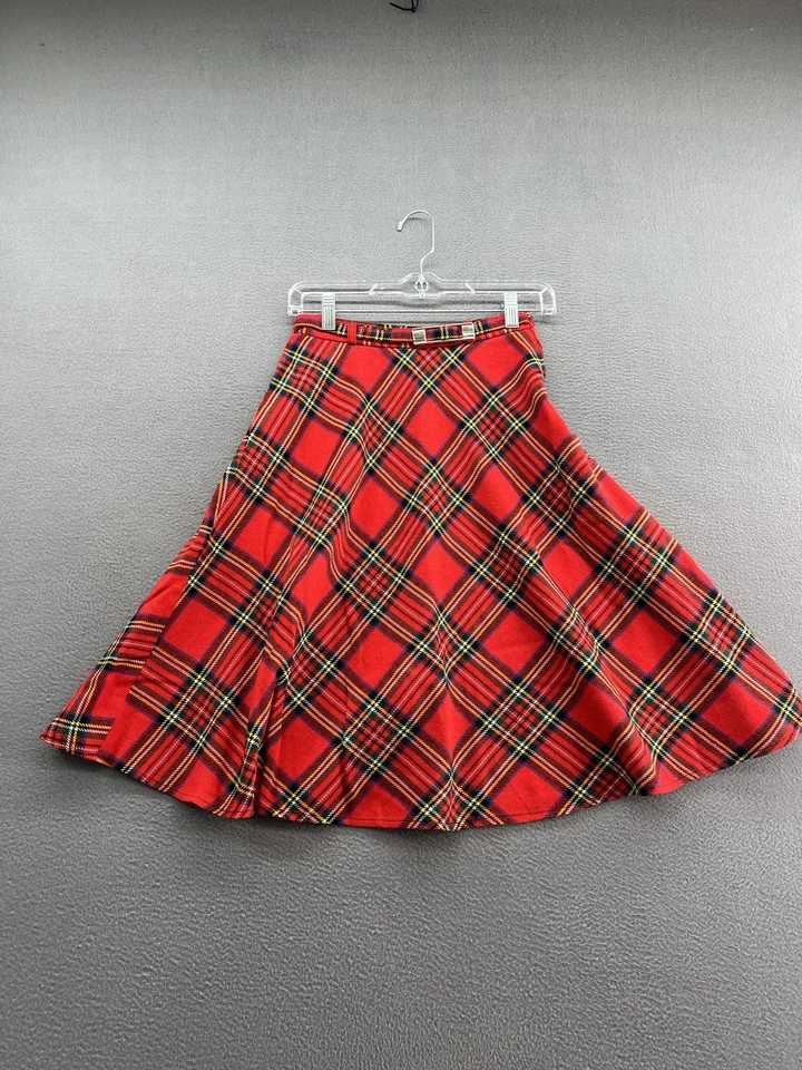 Vintage Red Plaid Skirt Womens Size 164 Wool Blend Midi Flare Tartan 90s Retro