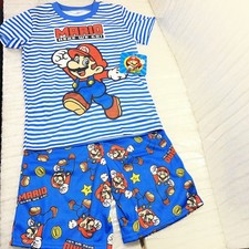 Nintendo Super Mario Boys Pajama Set XS 4/5 Blue Striped Short Sleeve 2pc FR