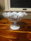 Fenton Hand Painted Violets In The Snow Footed Silver Crest Pedestal Compote Vtg