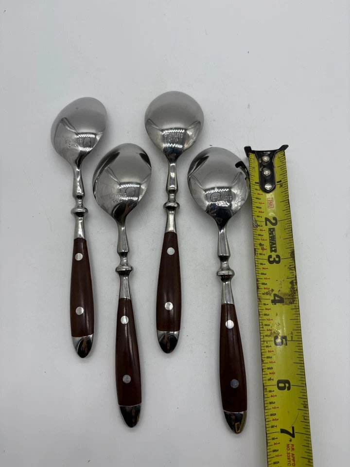 Винтажный лот из 4 суповых ложек деревянная ручка нержавеющая сталь фарфор ретро кухонная посуда 7 дюймов - Изображение 3 из 3