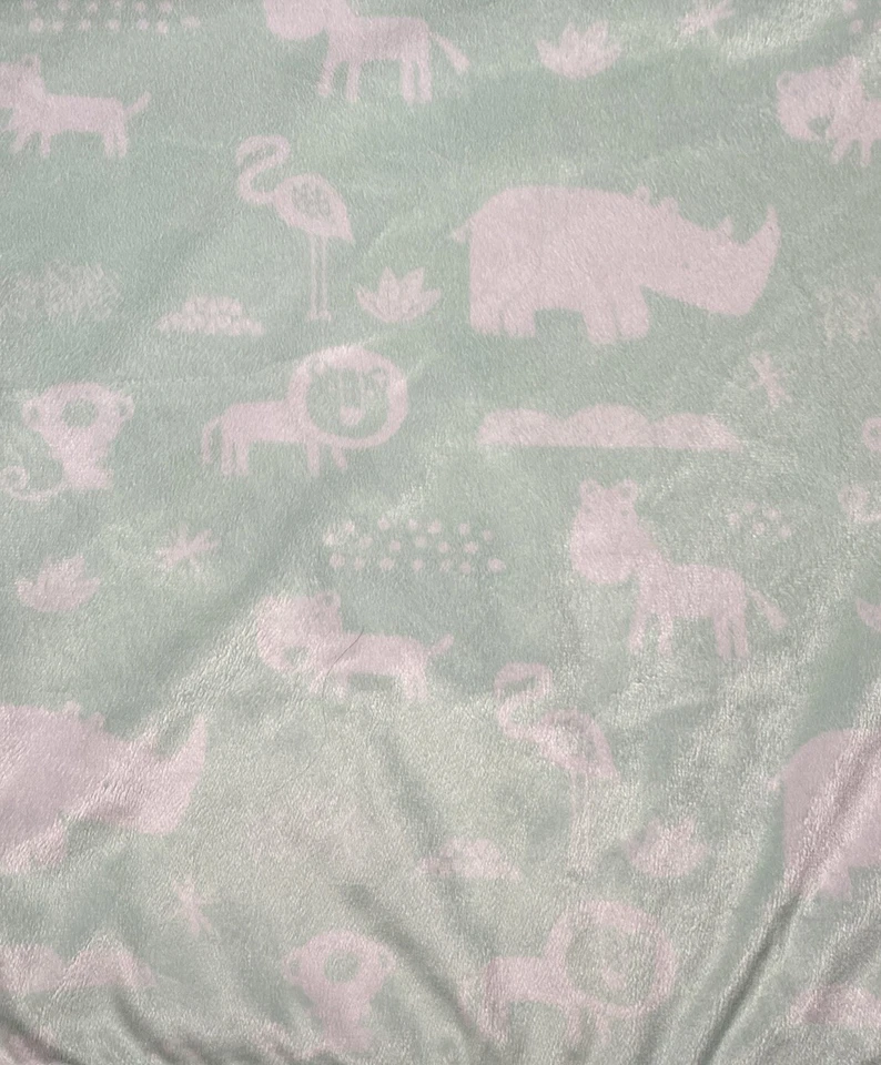Mint Green Baby Blanket Rhino Lion Monkey Flamingo Satin Trim Reversible White - Image 3 of 4