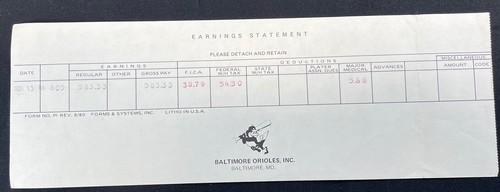 Vintage 1981 Baltimore Orioles Employee Pay Check Stub Earnings Statement - Picture 1 of 4