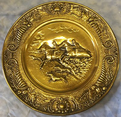 Fox Hunt Hunting Rider Over The Wall Medium Brass Wall Hanging Plate