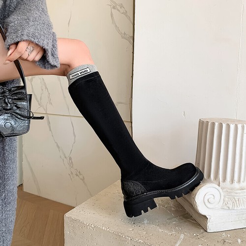 Damenschuhe modisch Wildleder rund geschnitten Plateau elastisch schmal kniehoch Stiefel  - Bild 3 von 14