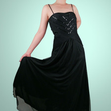 Vintage 90's Y2K Black Sequins Glam Tulle Evening Dress Dark Fairy Prom - US 4