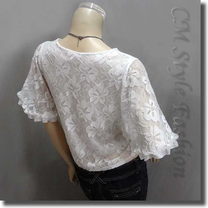 Blusa boho elegante de encaje transparente manga campana blanca S Foto 4 de 4