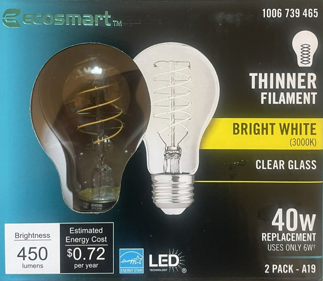 2 EcoSmart 40-Watt Bright White Clear Glass A19 LED Light Bulbs - 450 Lumens