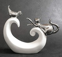 Stilvolle Deko Katze & Vogel, Figur Aus Keramik Weiß & Silber, Katzen Dekoration
